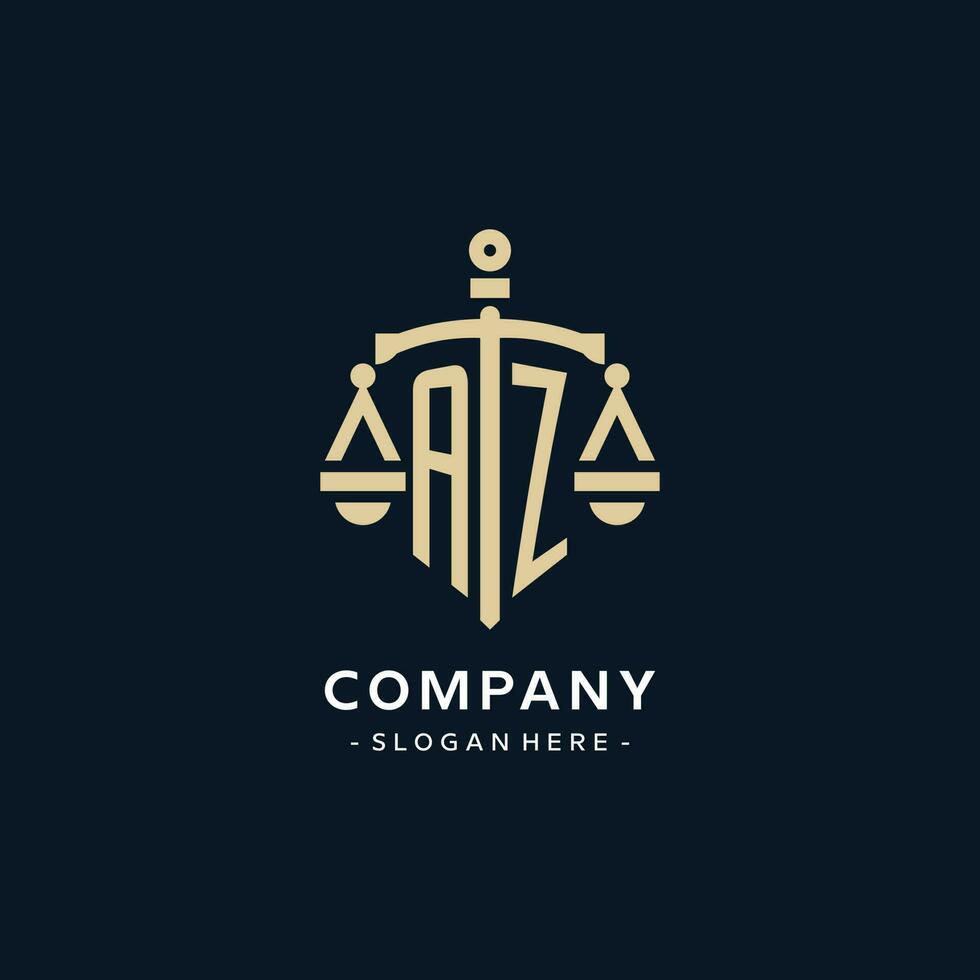 AZ initial logo with scale of justice and shield icon vector