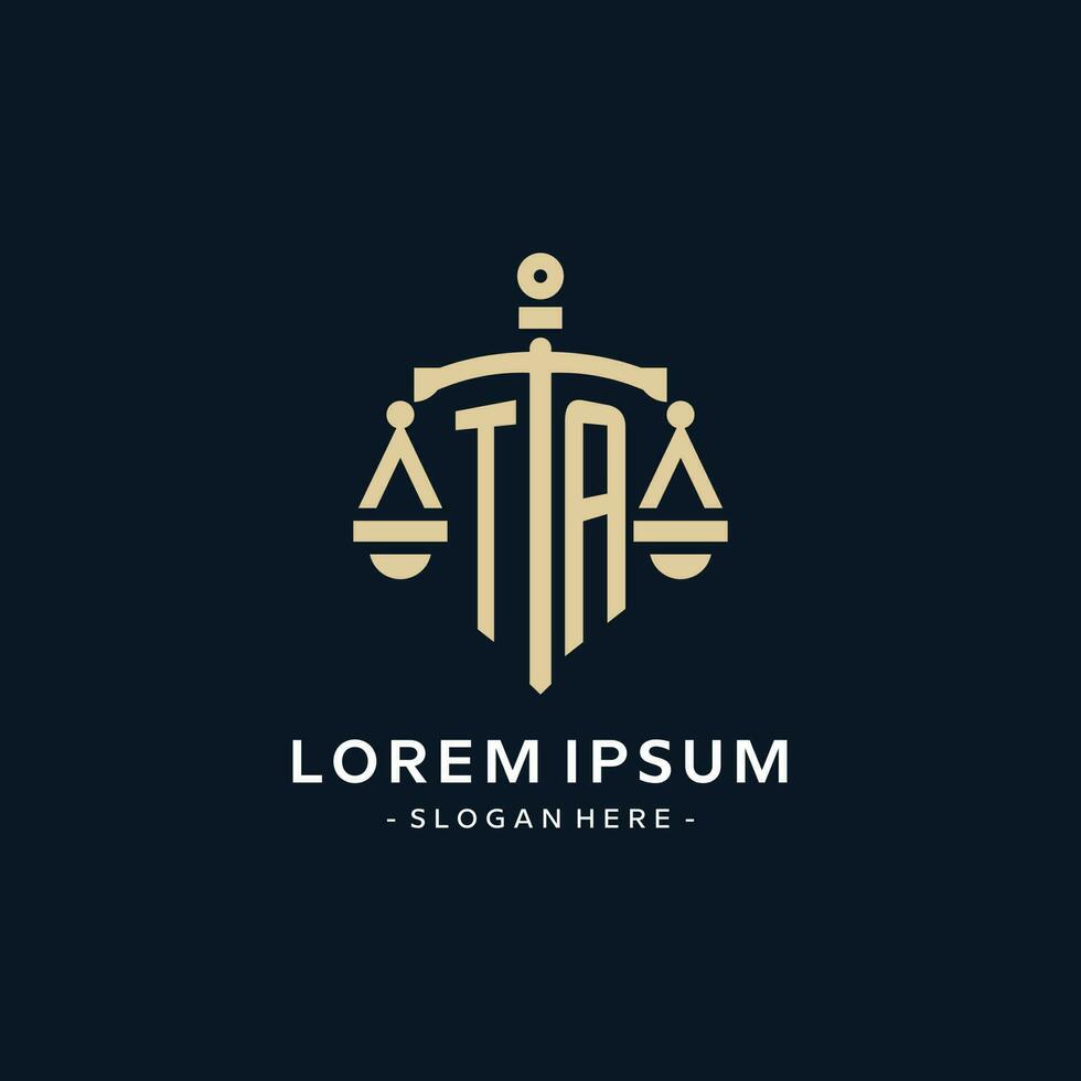 TA initial logo with scale of justice and shield icon vector