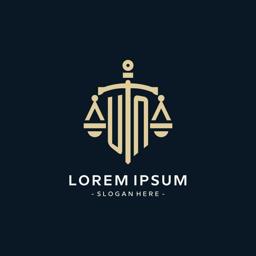 UN initial logo with scale of justice and shield icon vector