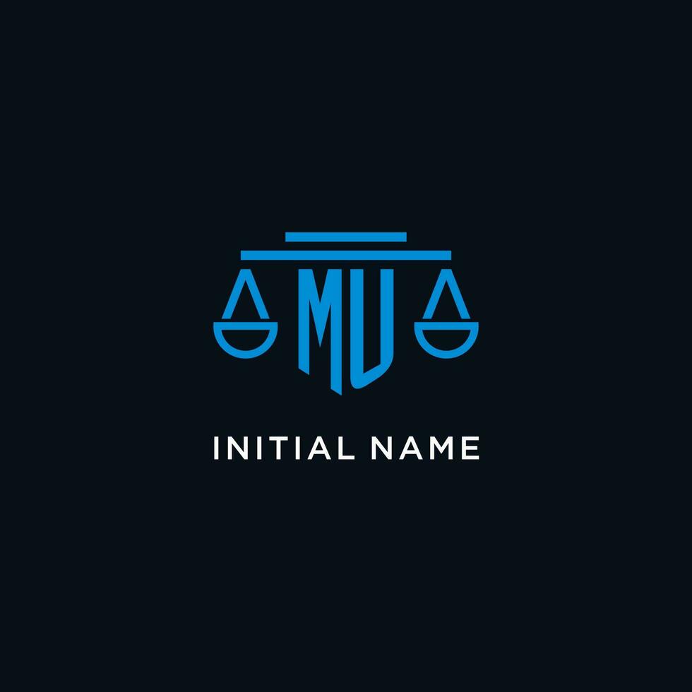 MU monogram initial logo with scales of justice icon design inspiration vector