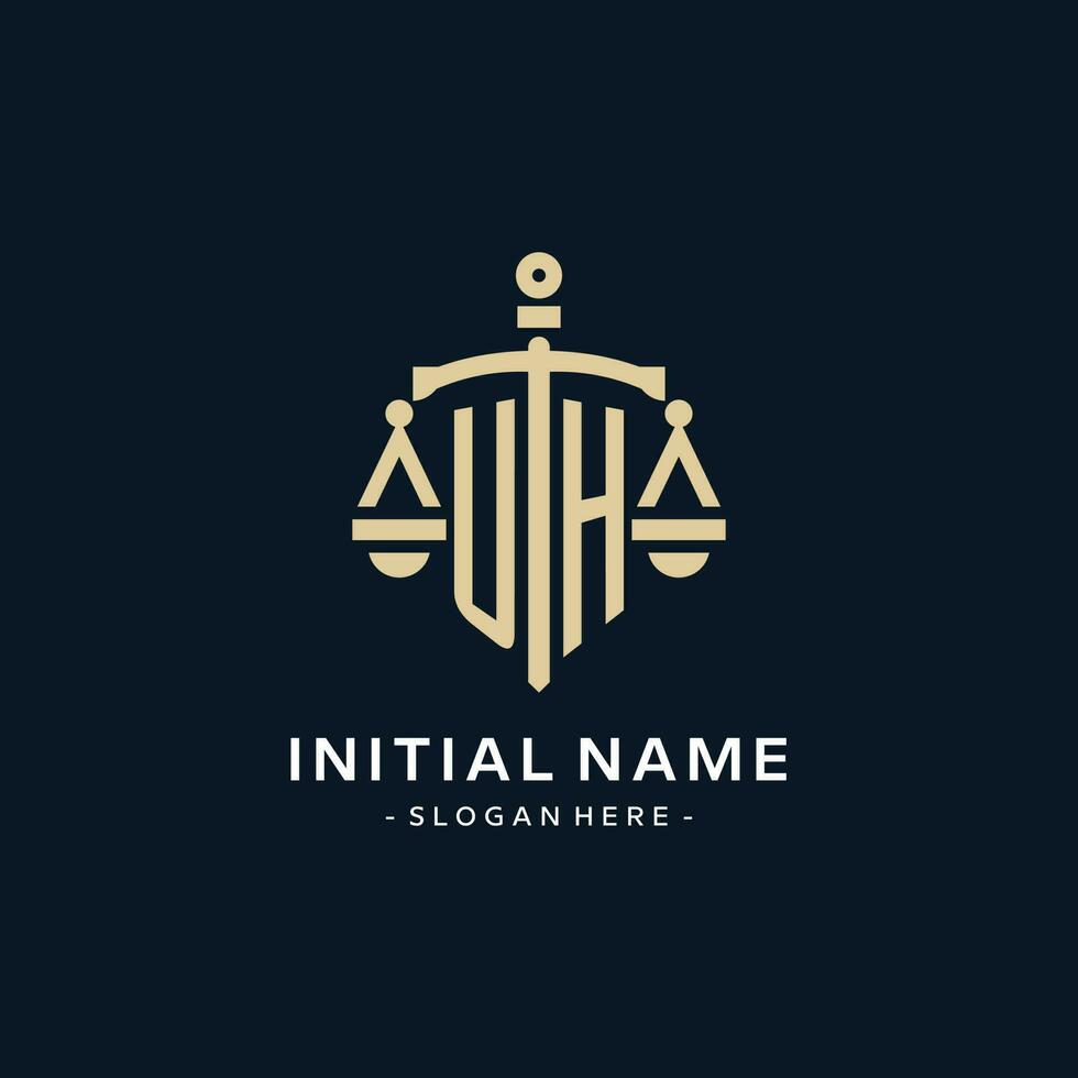 UH initial logo with scale of justice and shield icon vector