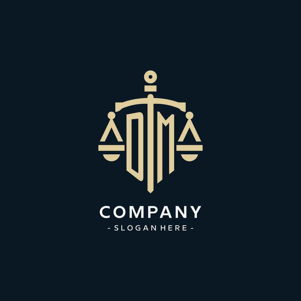 DM initial logo with scale of justice and shield icon vector