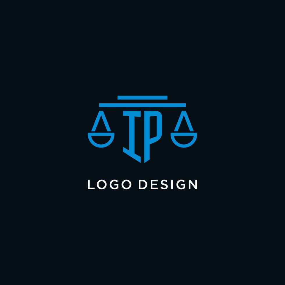 IP monogram initial logo with scales of justice icon design inspiration vector