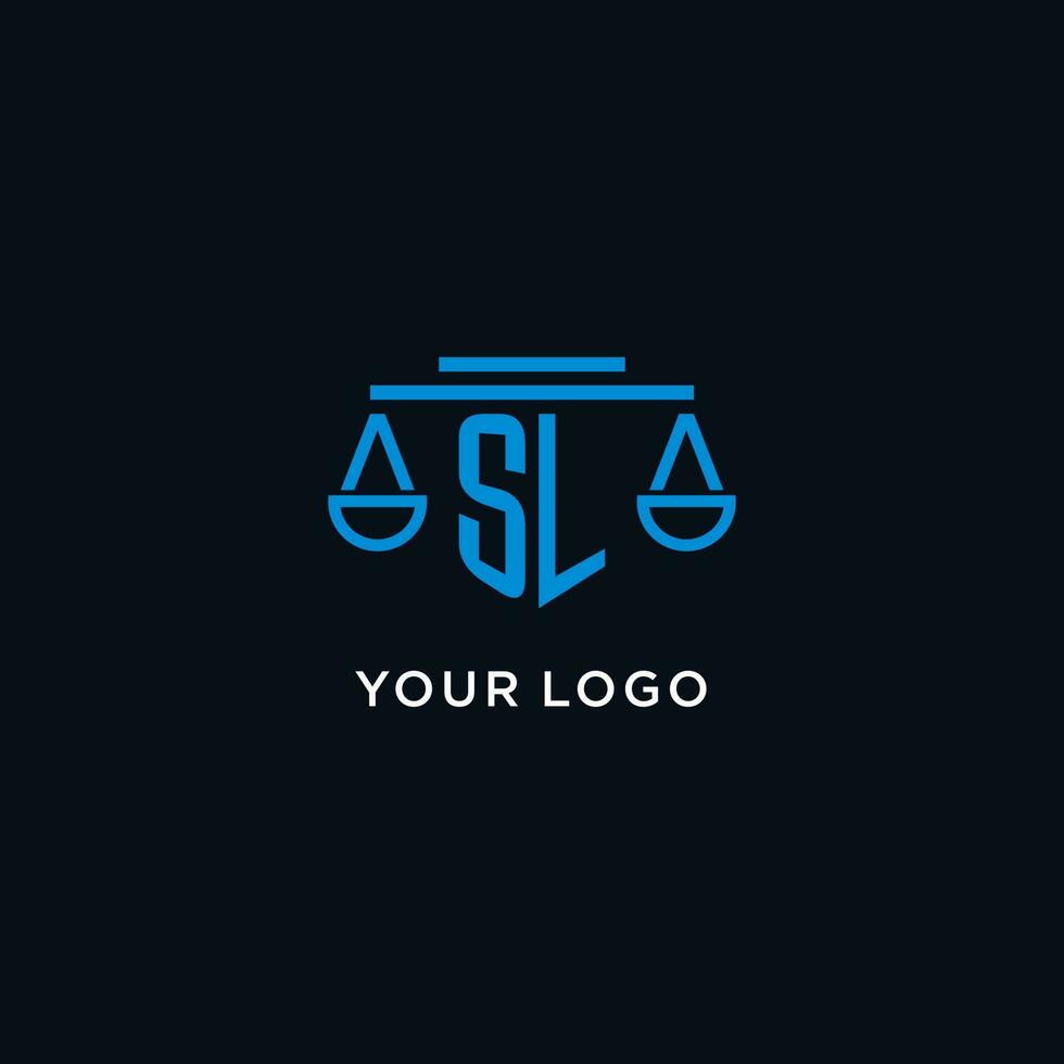 SL monogram initial logo with scales of justice icon design inspiration vector