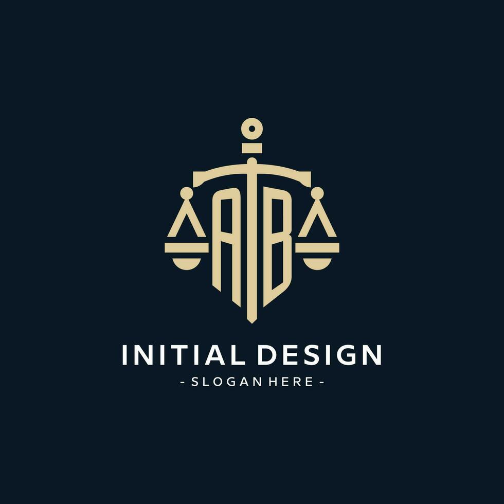 AB initial logo with scale of justice and shield icon vector