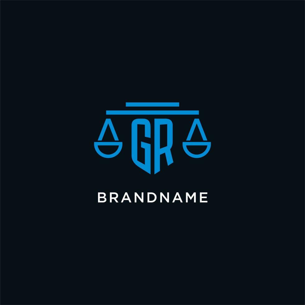 GR monogram initial logo with scales of justice icon design inspiration vector