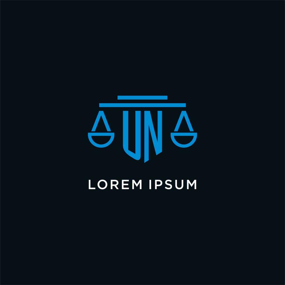UN monogram initial logo with scales of justice icon design inspiration vector