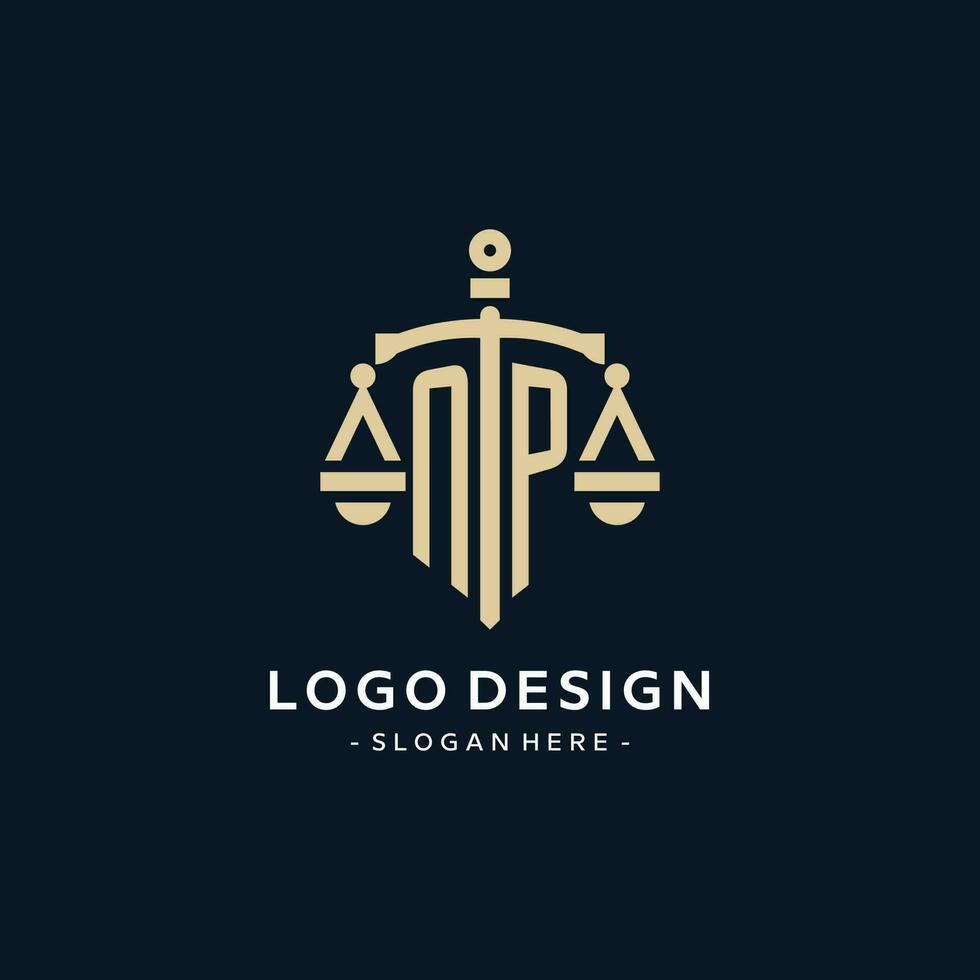 NP initial logo with scale of justice and shield icon vector