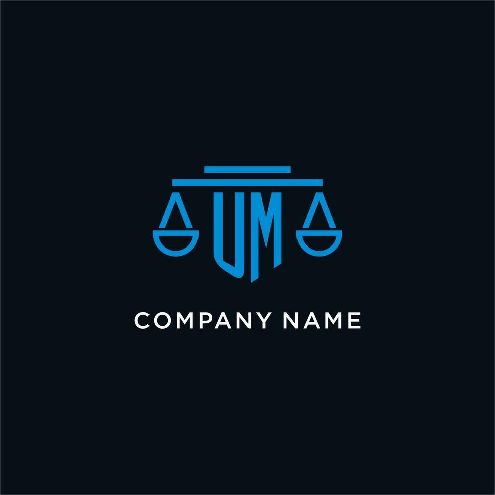 UM monogram initial logo with scales of justice icon design inspiration vector