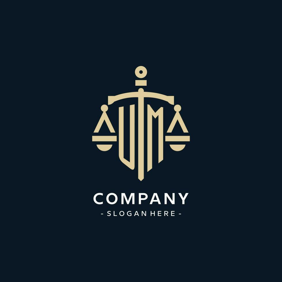 UM initial logo with scale of justice and shield icon vector