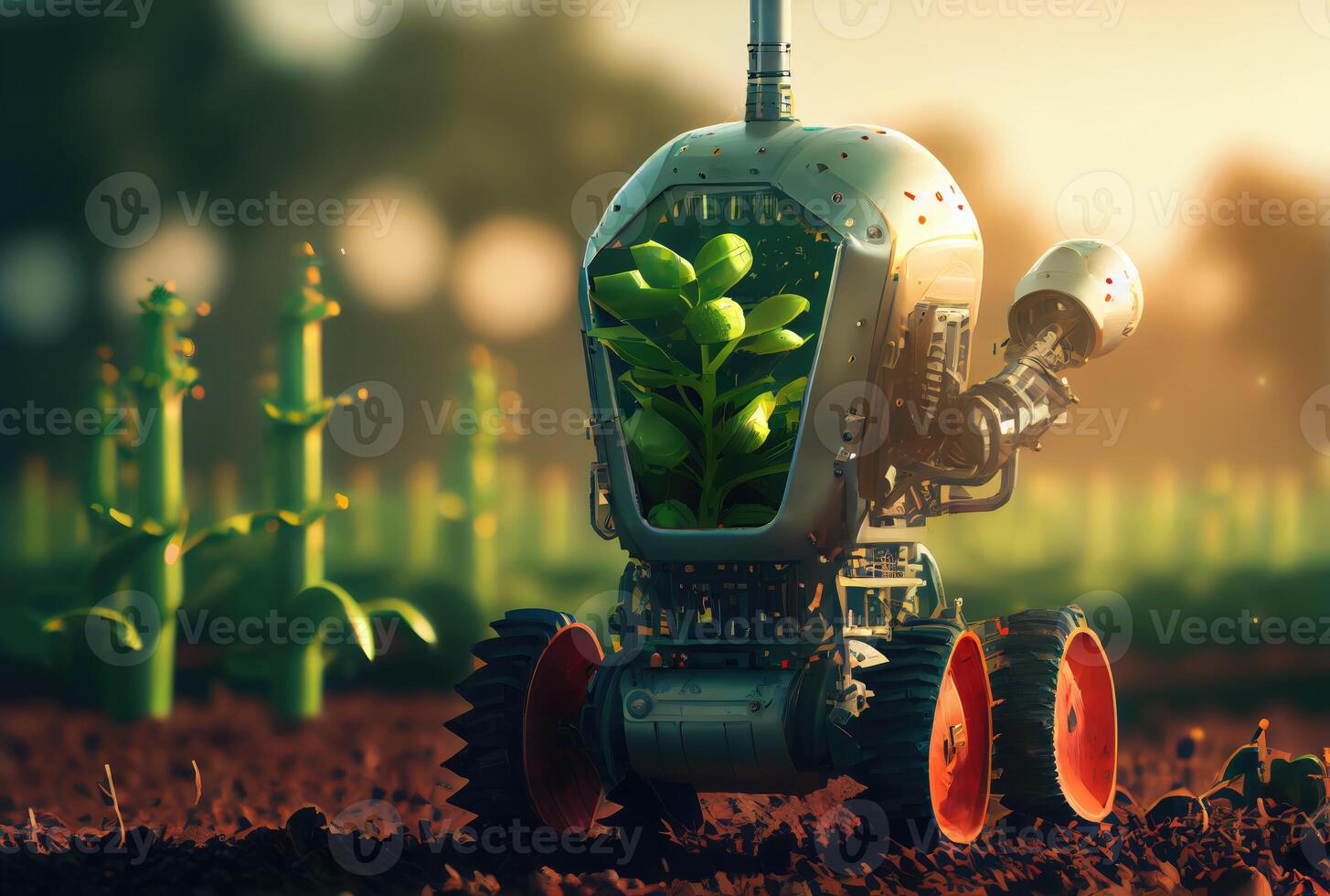 Robot farming harvesting agricultural products in crop field. Innovative futuristics technology and 5G smart farming concept. photo