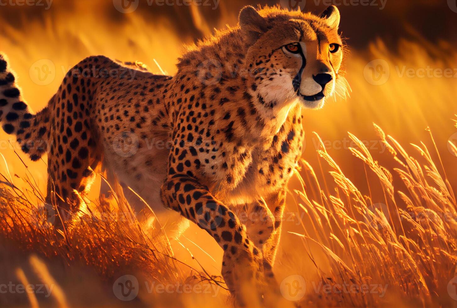 Cheetah running in South Africa meadow with yellow grass and golden sunlight background. photo