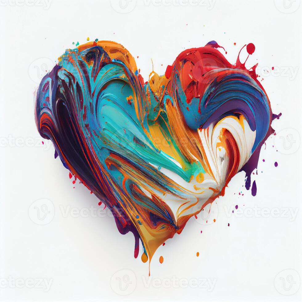 Colorful heart shape in oil paint color on isolated white background. Valentines day and romance concept. Digital art illustration theme. photo