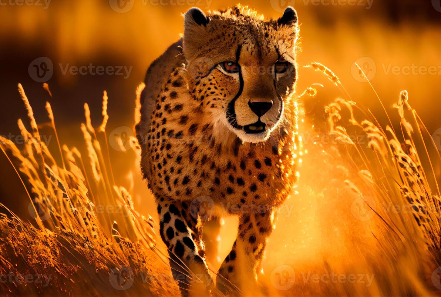 Cheetah running in South Africa meadow with yellow grass and golden sunlight background. photo
