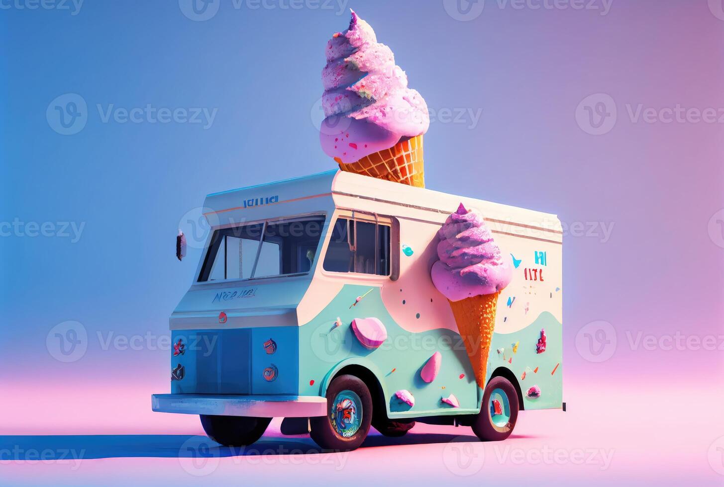 Ice cream truck vehicle on minimal studio background. Summer food and fun concept. Digital art illustration theme. photo