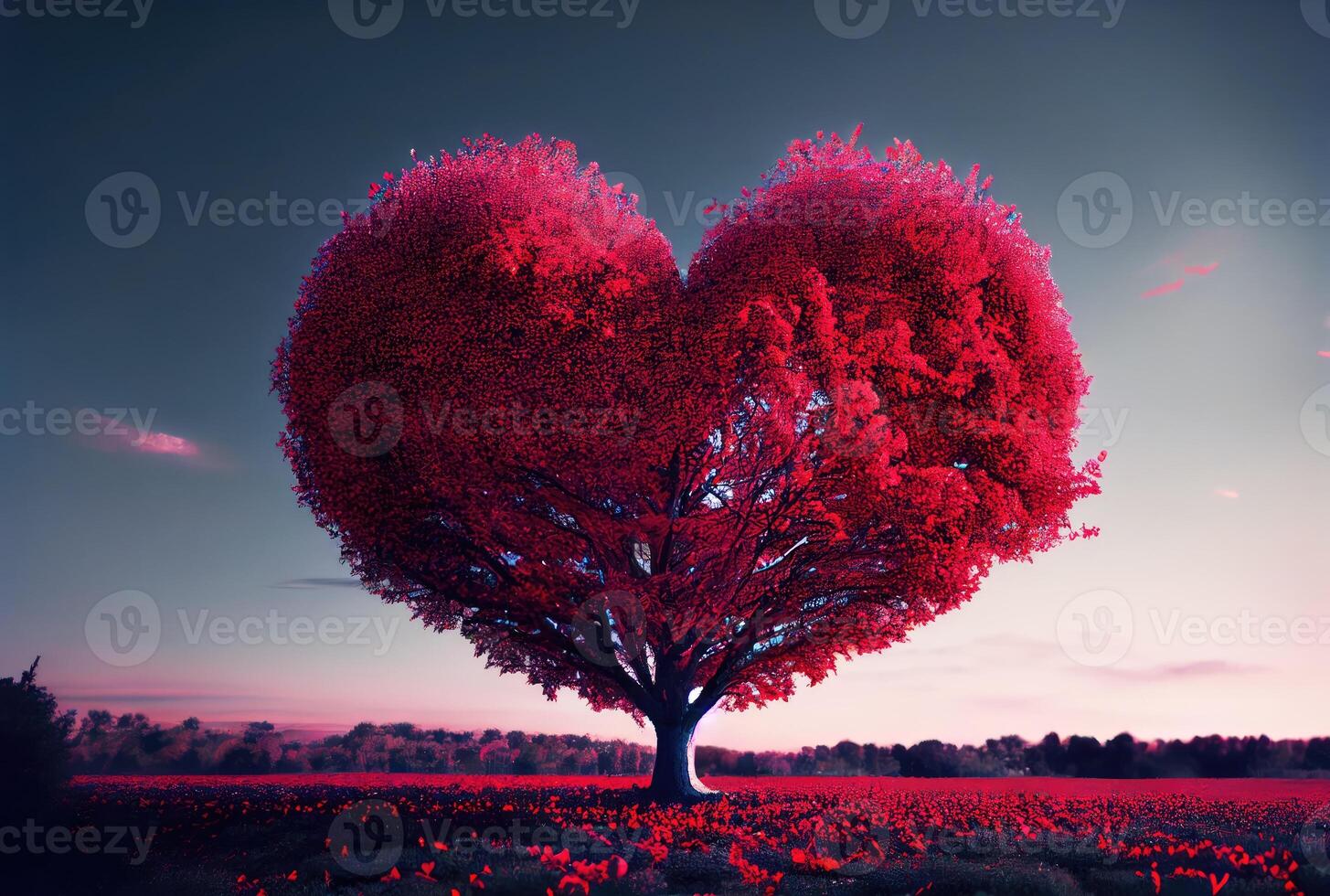 Red heart shape tree landscape with sky background. Valentines day and romance concept. Digital art illustration. photo