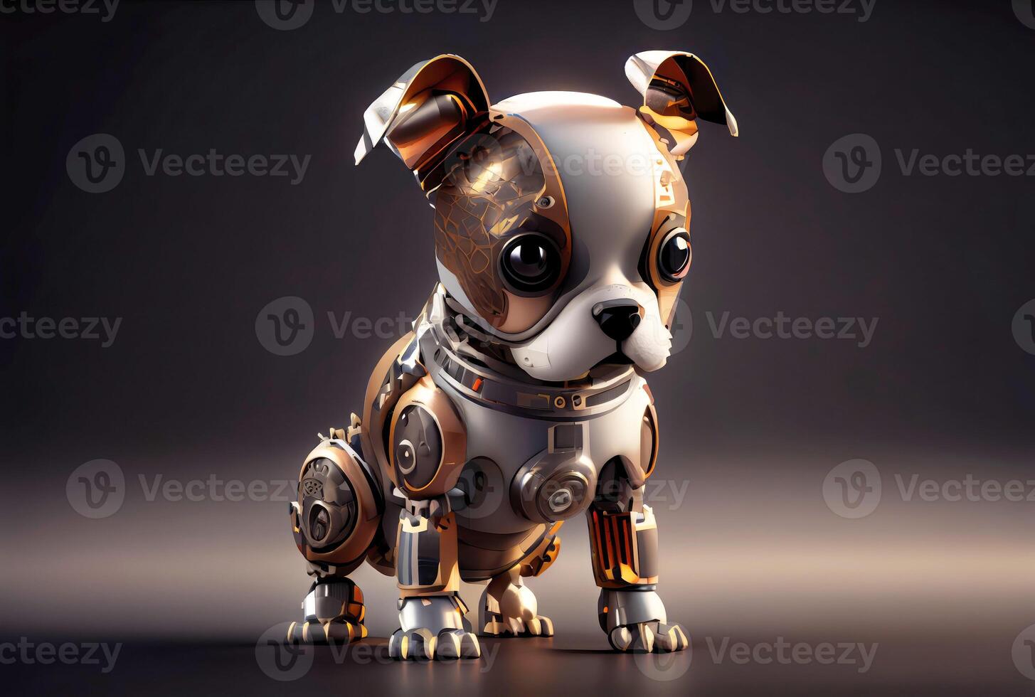 Robot dog with metallic body on the minimal background. Pet toy technology and Kids accessories concept. photo