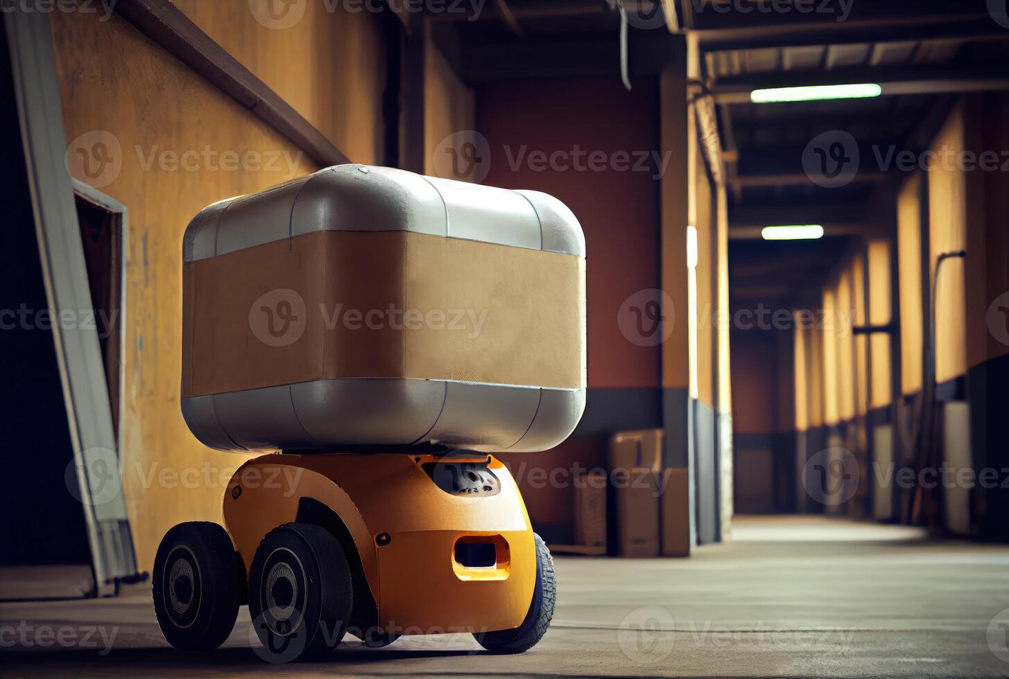 Robot AGV transporting cardboard box in warehouse background. Technology innovation and delivery concept. photo