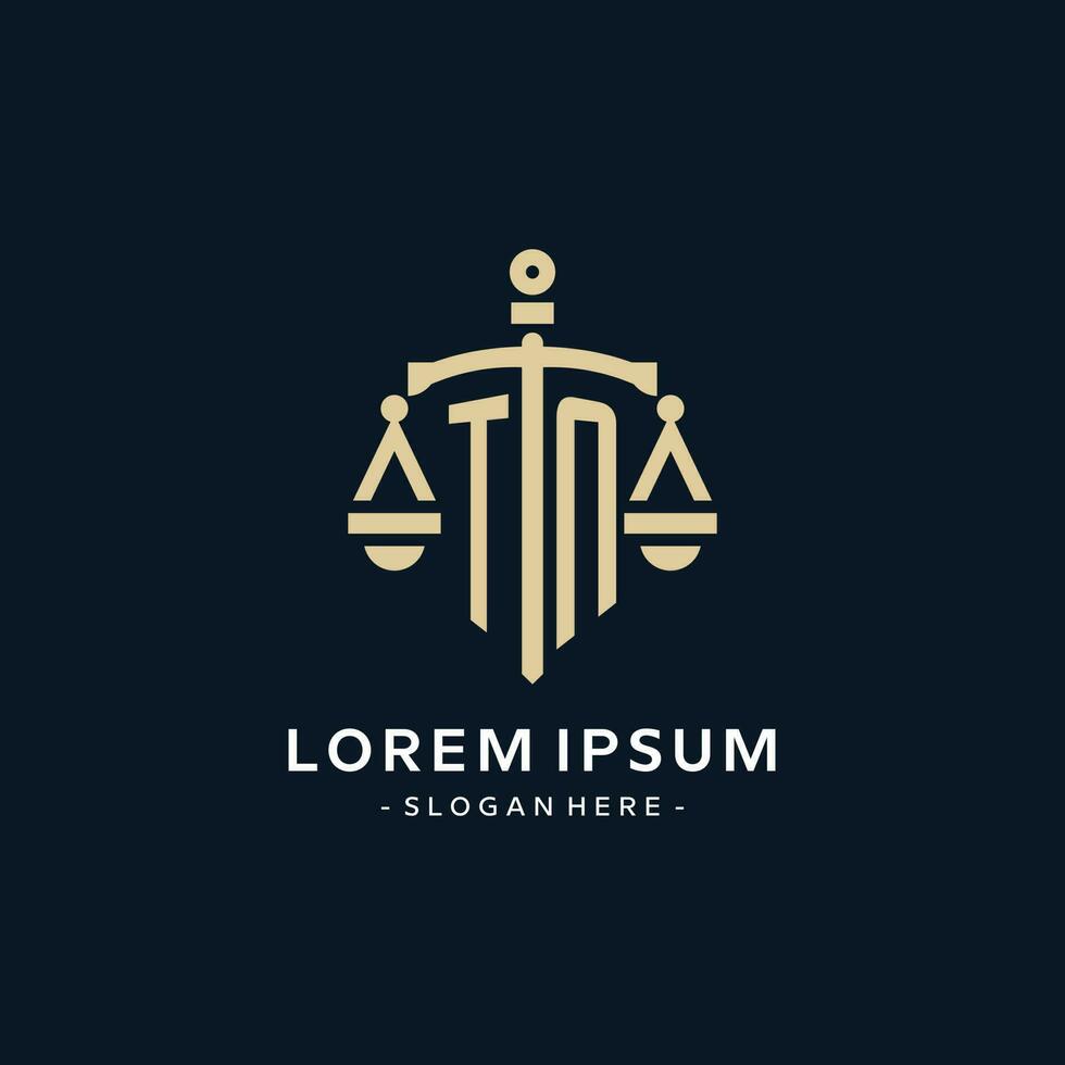 TN initial logo with scale of justice and shield icon vector