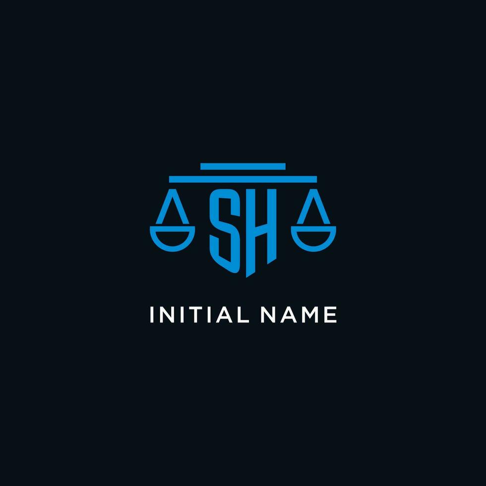 SH monogram initial logo with scales of justice icon design inspiration vector