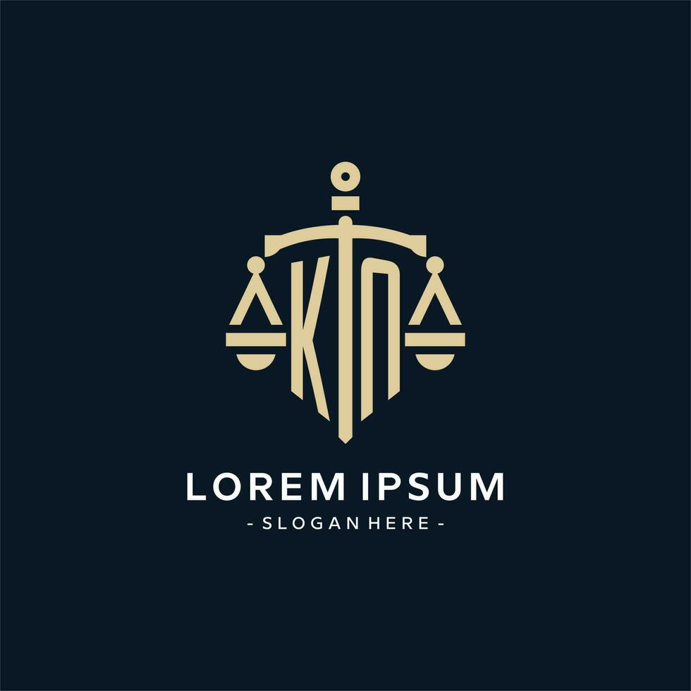 KN initial logo with scale of justice and shield icon vector