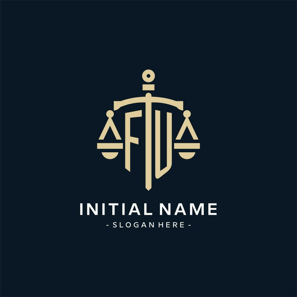 FU initial logo with scale of justice and shield icon vector
