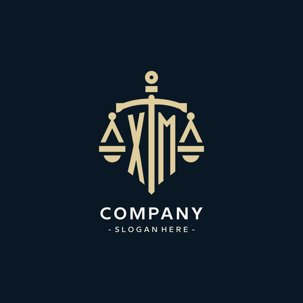 XM initial logo with scale of justice and shield icon vector