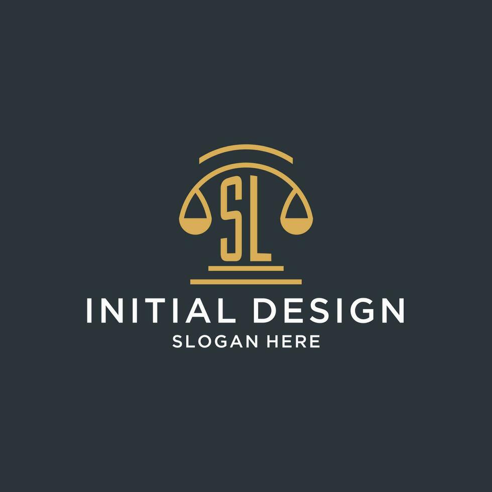 SL initial with scale of justice logo design template, luxury law and attorney logo design ideas vector