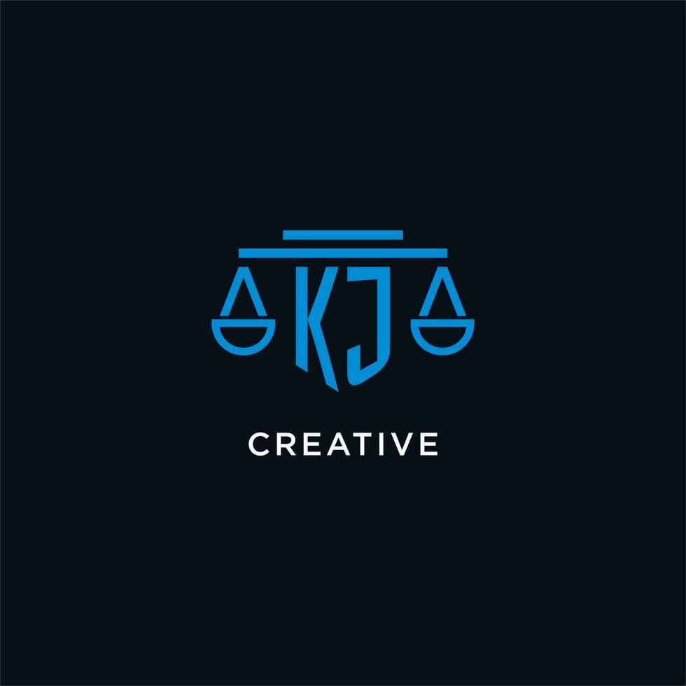 KJ monogram initial logo with scales of justice icon design inspiration vector
