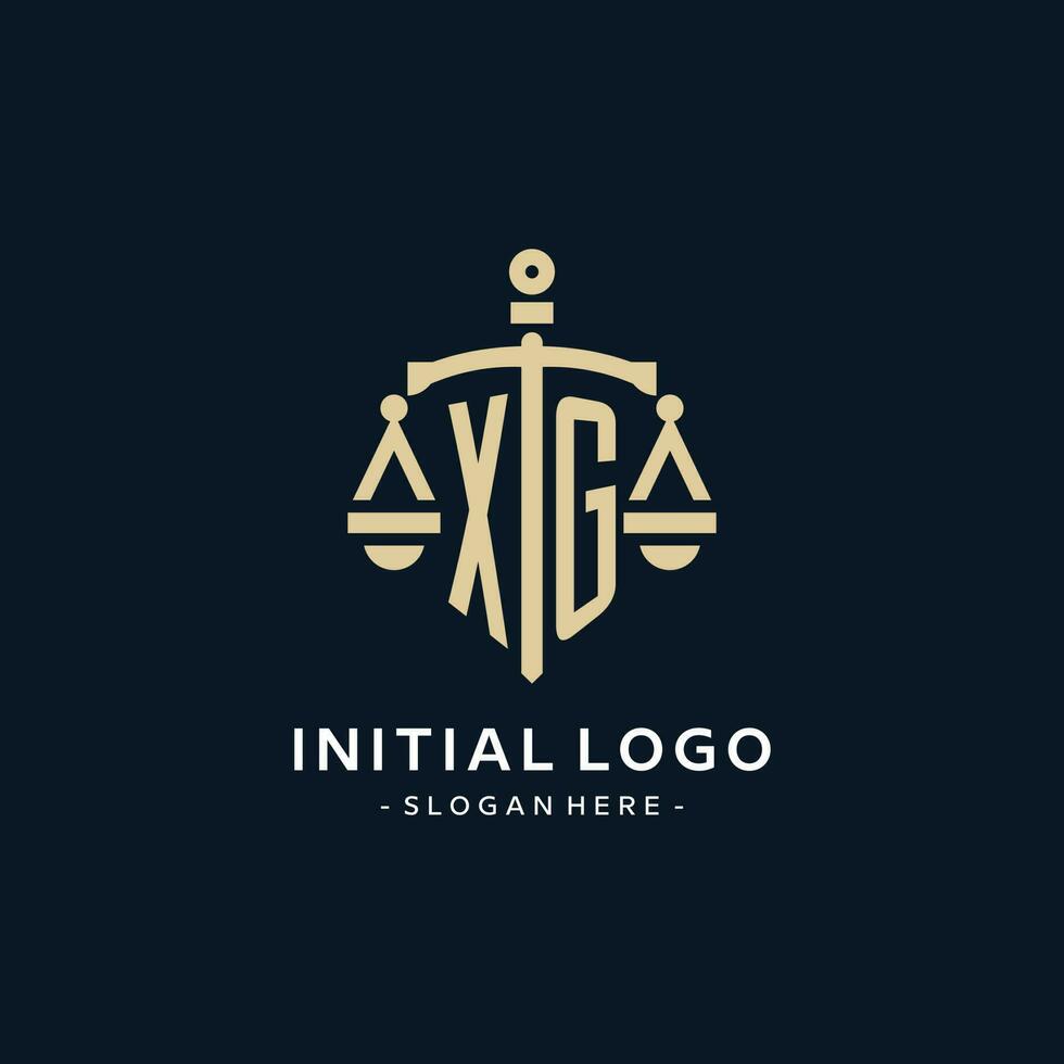XG initial logo with scale of justice and shield icon vector