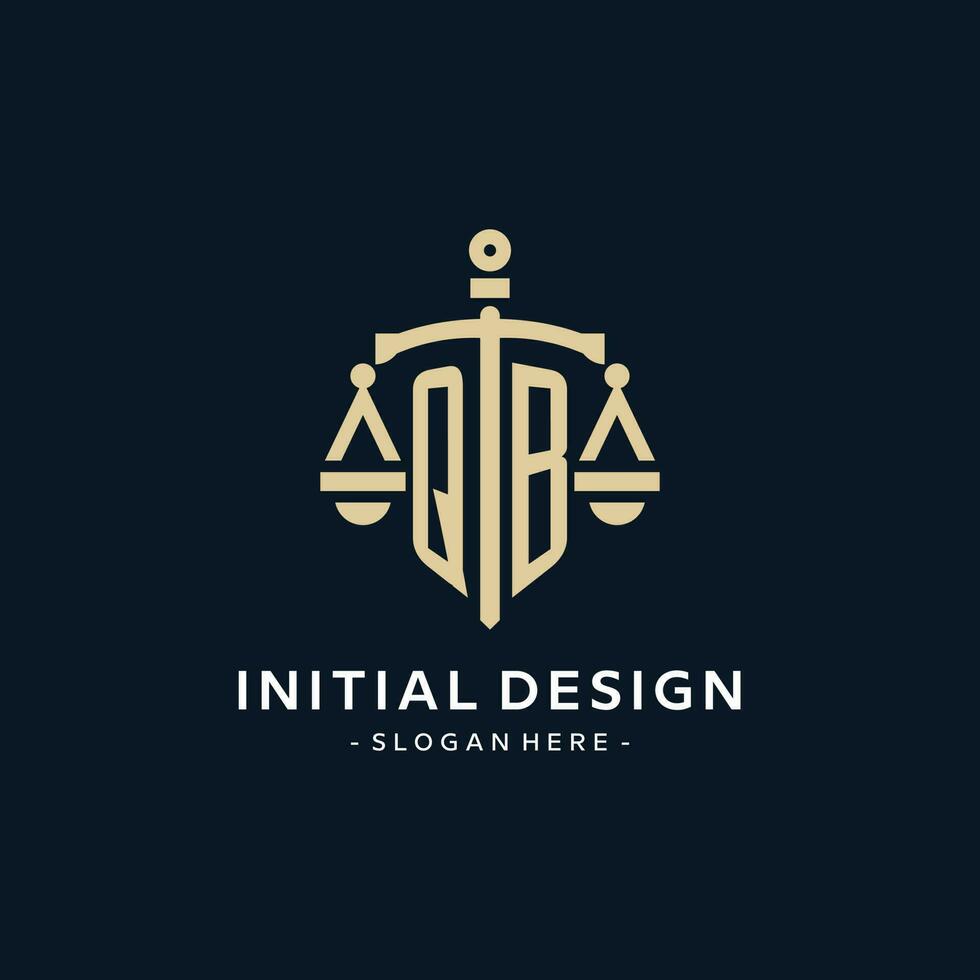 QB initial logo with scale of justice and shield icon vector