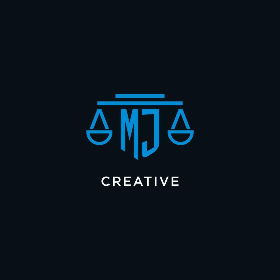 MJ monogram initial logo with scales of justice icon design inspiration vector