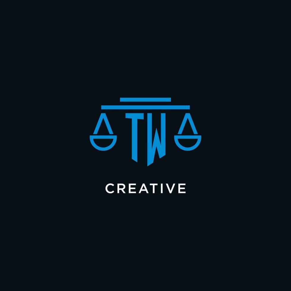 TW monogram initial logo with scales of justice icon design inspiration vector