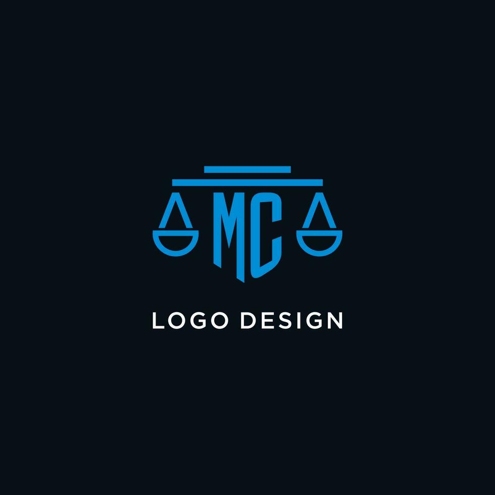 MC monogram initial logo with scales of justice icon design inspiration vector