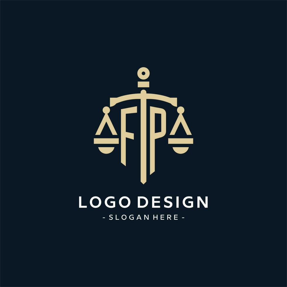 FP initial logo with scale of justice and shield icon vector