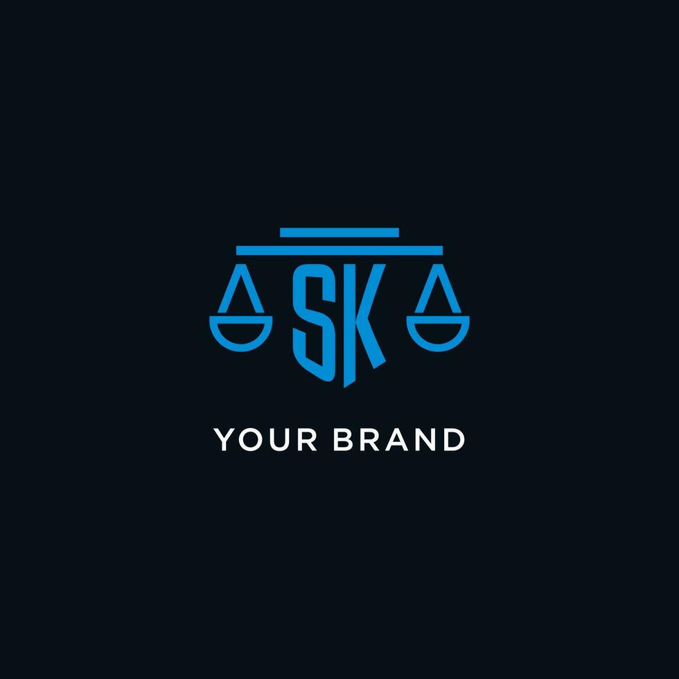 SK monogram initial logo with scales of justice icon design inspiration vector