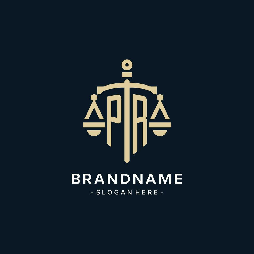 PR initial logo with scale of justice and shield icon vector
