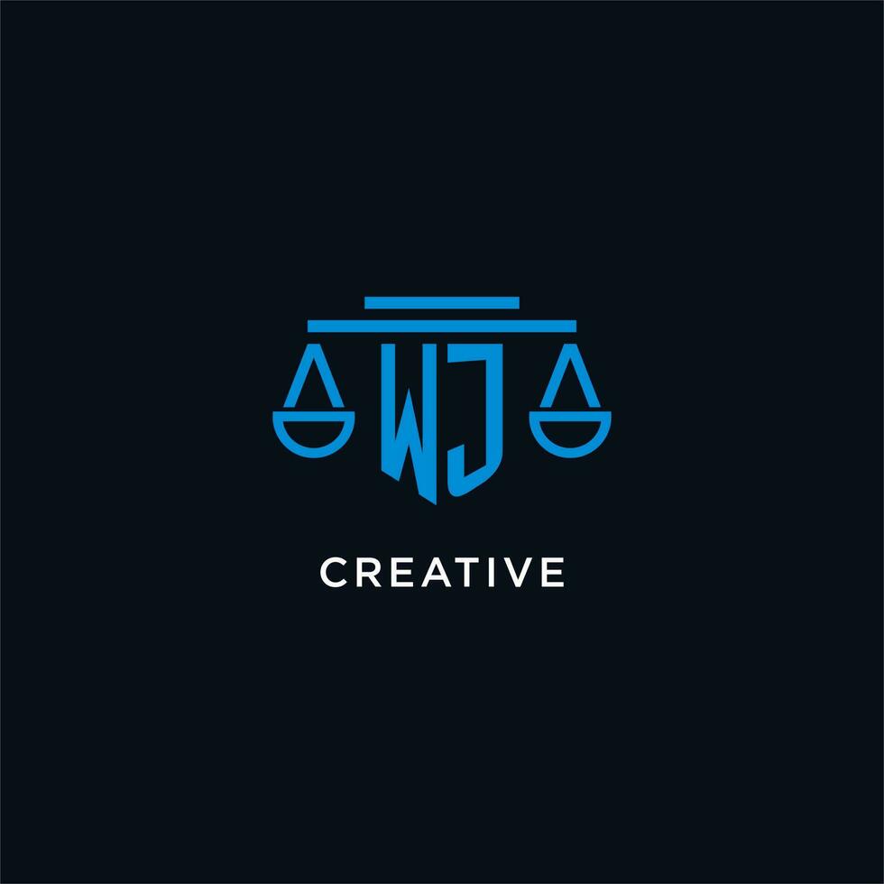 WJ monogram initial logo with scales of justice icon design inspiration vector