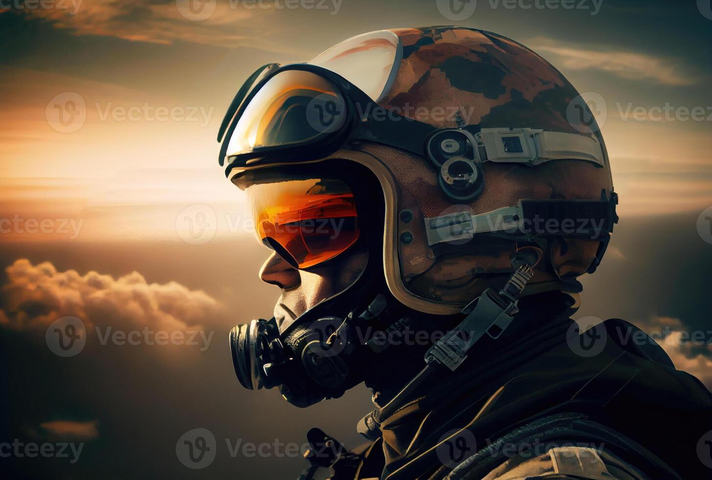 Head shot of fighter pilot flying on the high sky in the airspace for national defense or world war. Portrait of soldier. photo