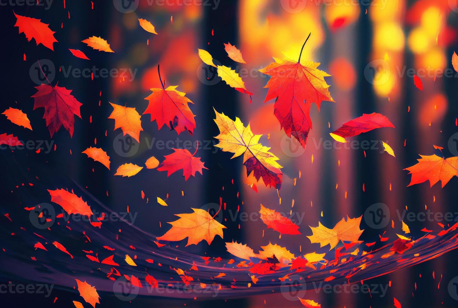 Red maple leaves in the wind with landscape background. Autumn and fall