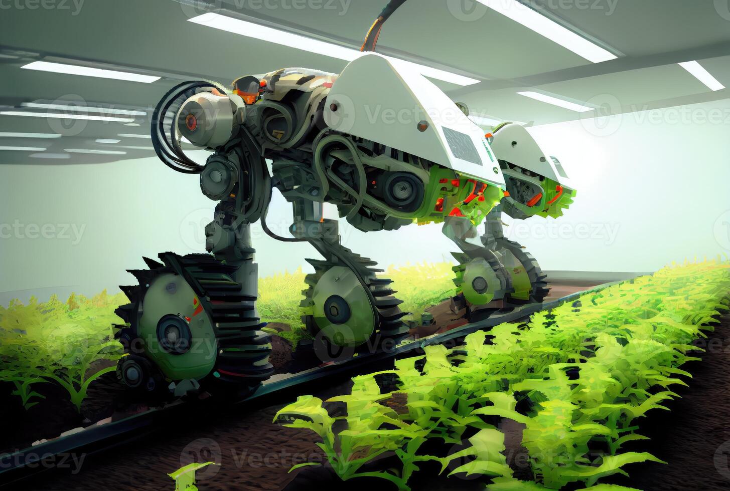 Robot farming harvesting agricultural products in greenhouse. Innovative futuristics technology and 5G smart farming concept. photo