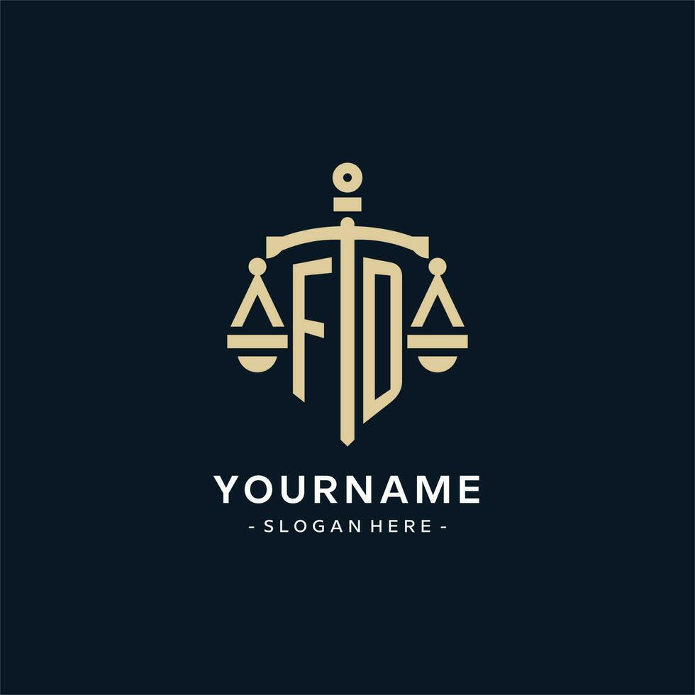 FD initial logo with scale of justice and shield icon vector