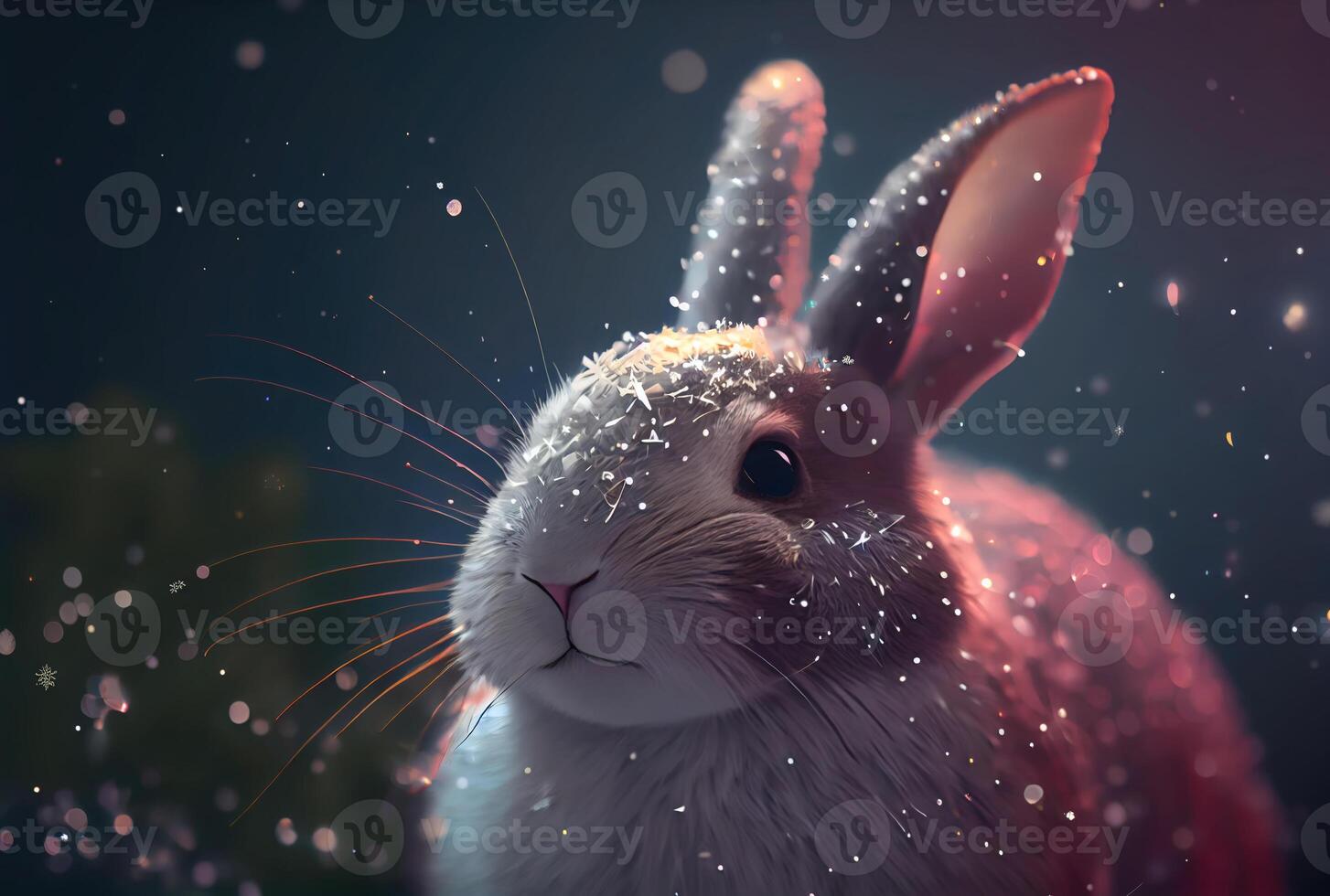 Bunny rabbit in the snowy and shiny bokeh background. Animal and Holiday concept. photo