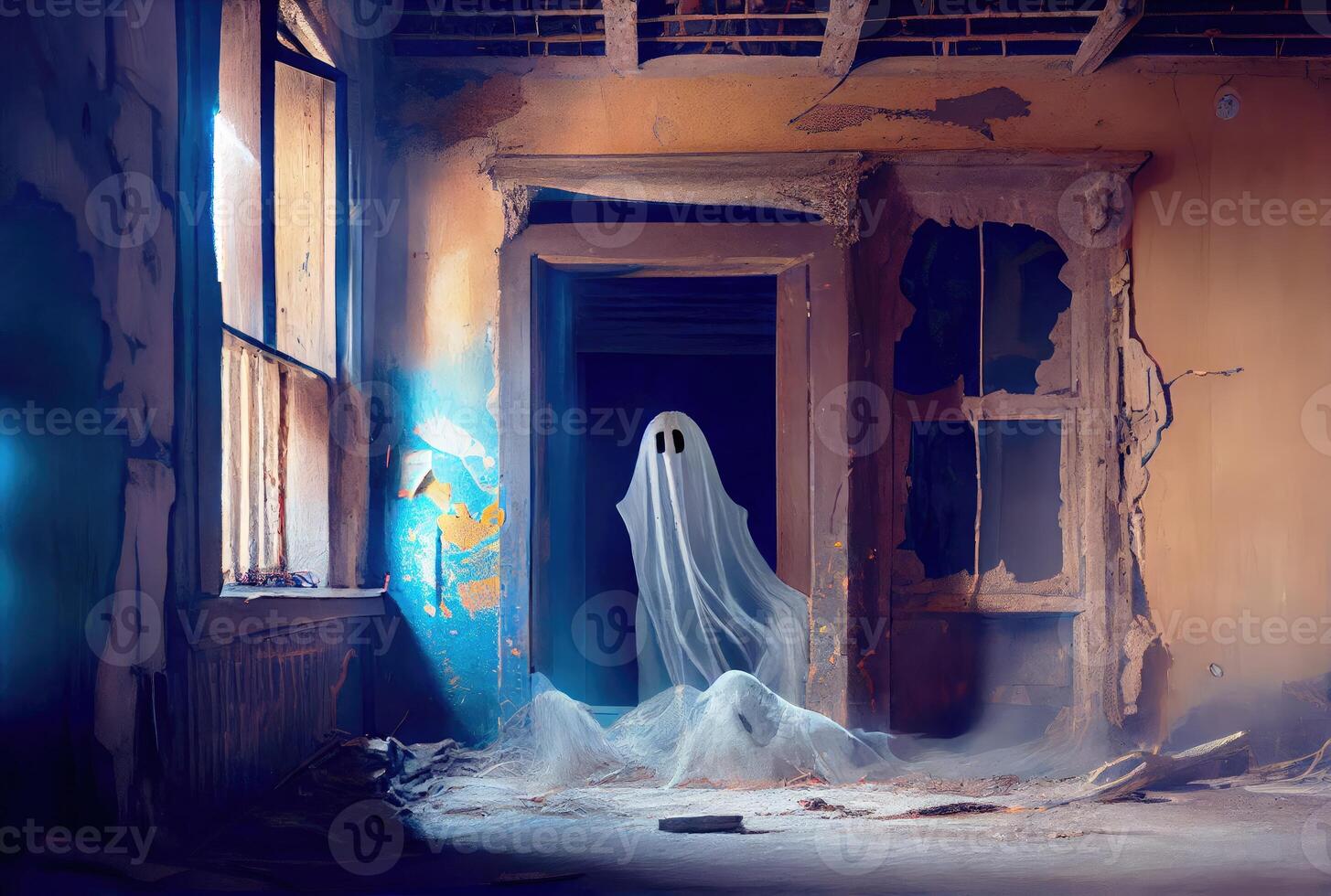 Spooky fabric ghost in the abandoned haunted house background. Halloween and horror concept. photo