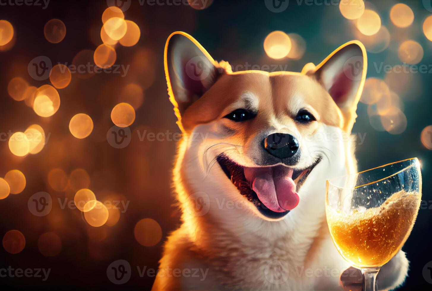 Happy Shiba Inu dog with toasted wine glass in party and golden bokeh light background. Animal and pet concept. Digital art illustration. photo