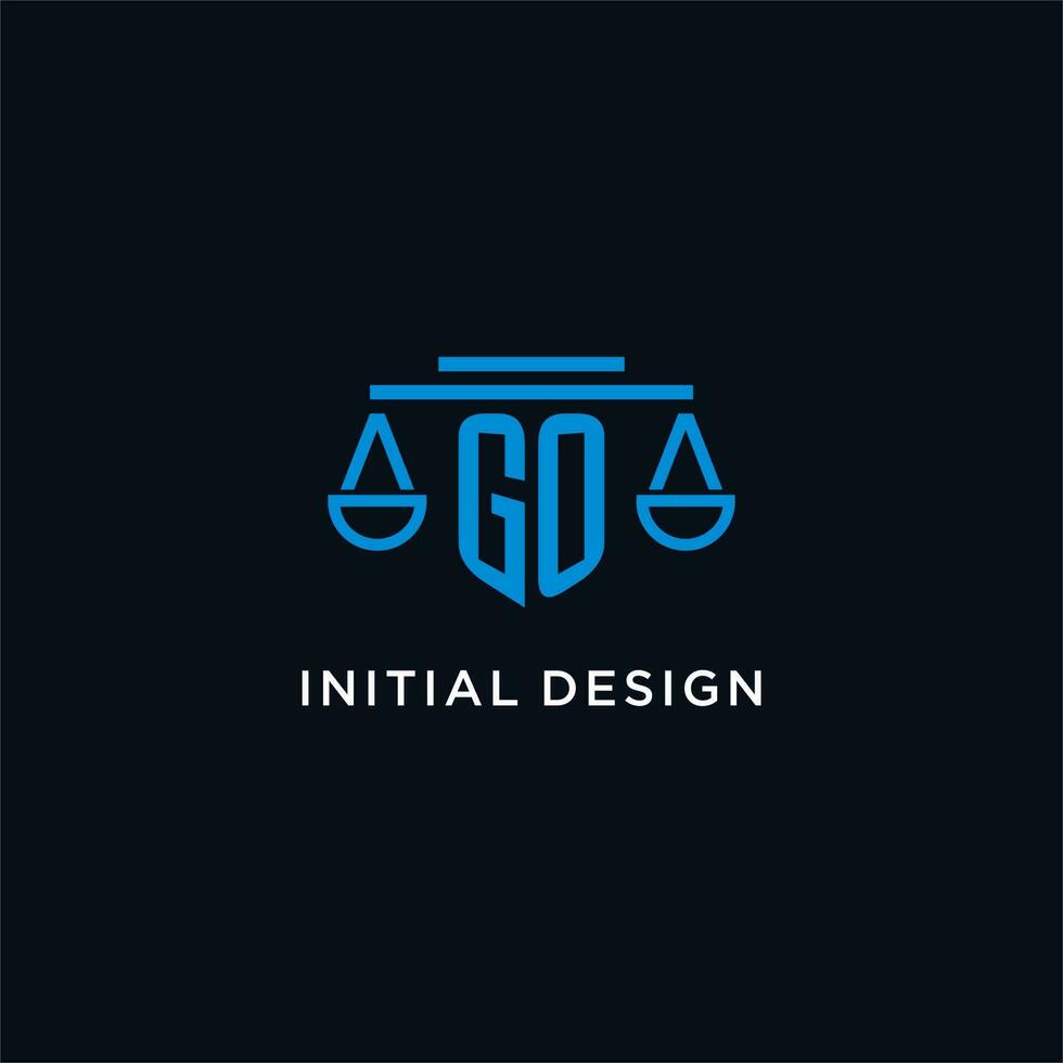 GO monogram initial logo with scales of justice icon design inspiration vector
