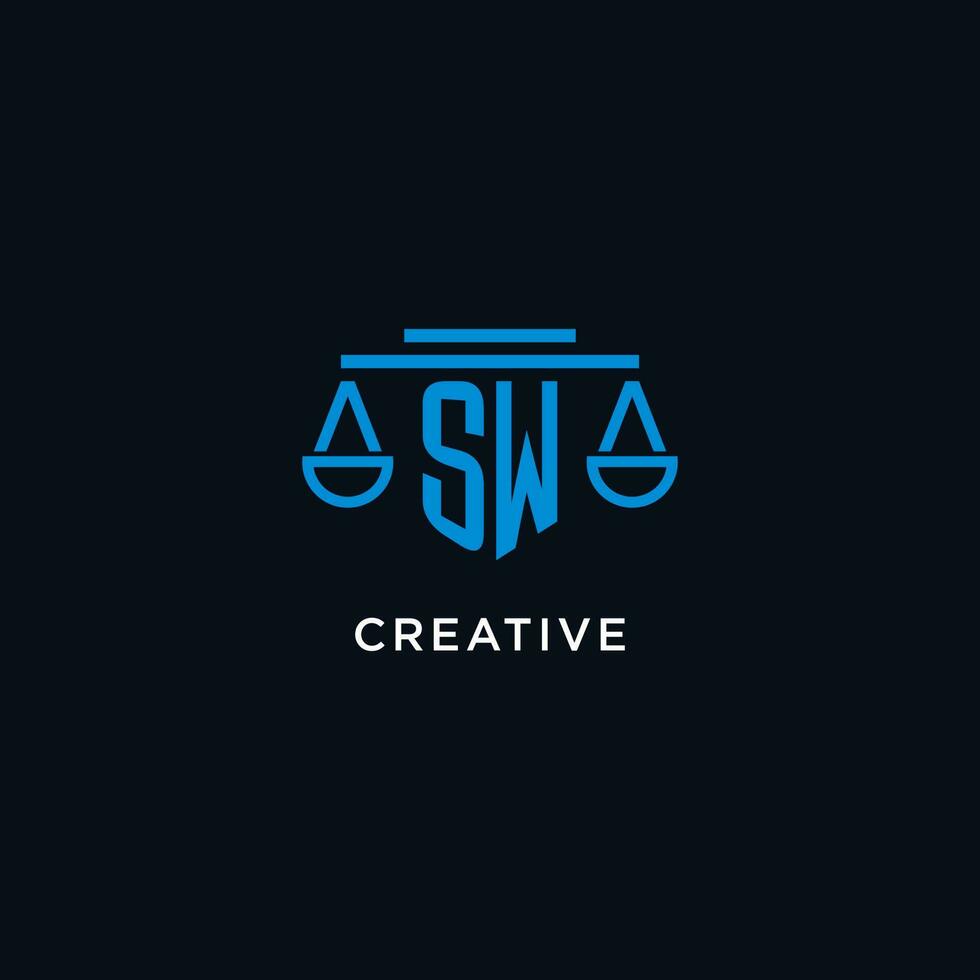 SW monogram initial logo with scales of justice icon design inspiration vector