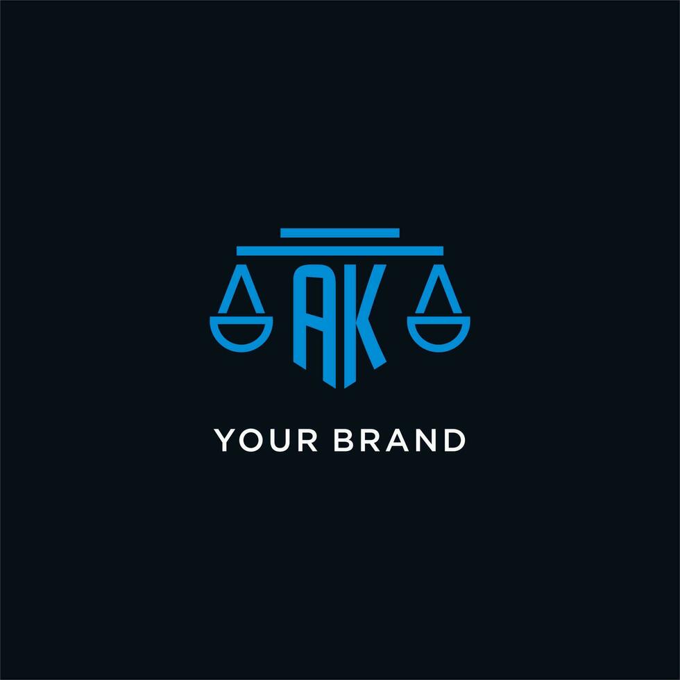 AK monogram initial logo with scales of justice icon design inspiration vector