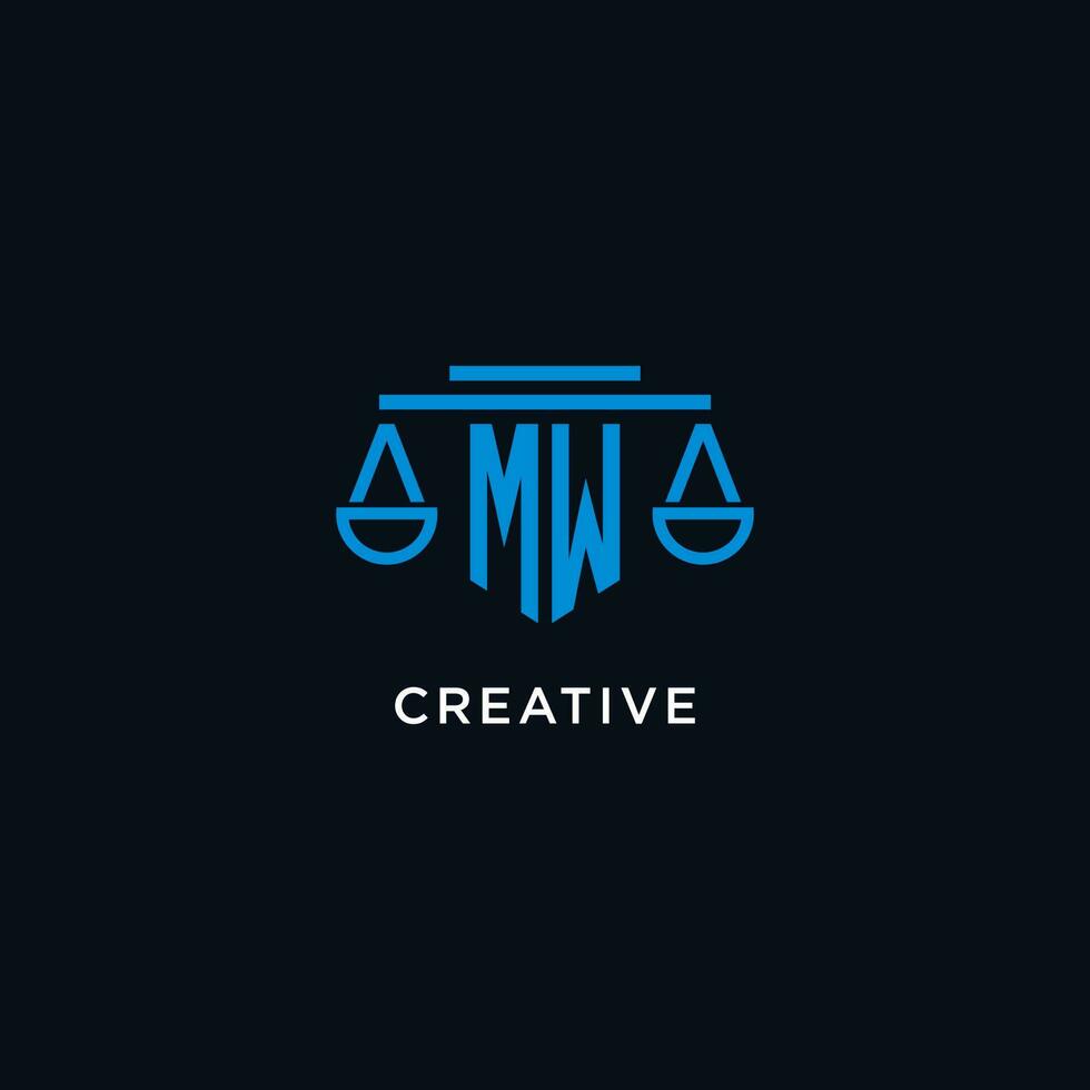 MW monogram initial logo with scales of justice icon design inspiration vector