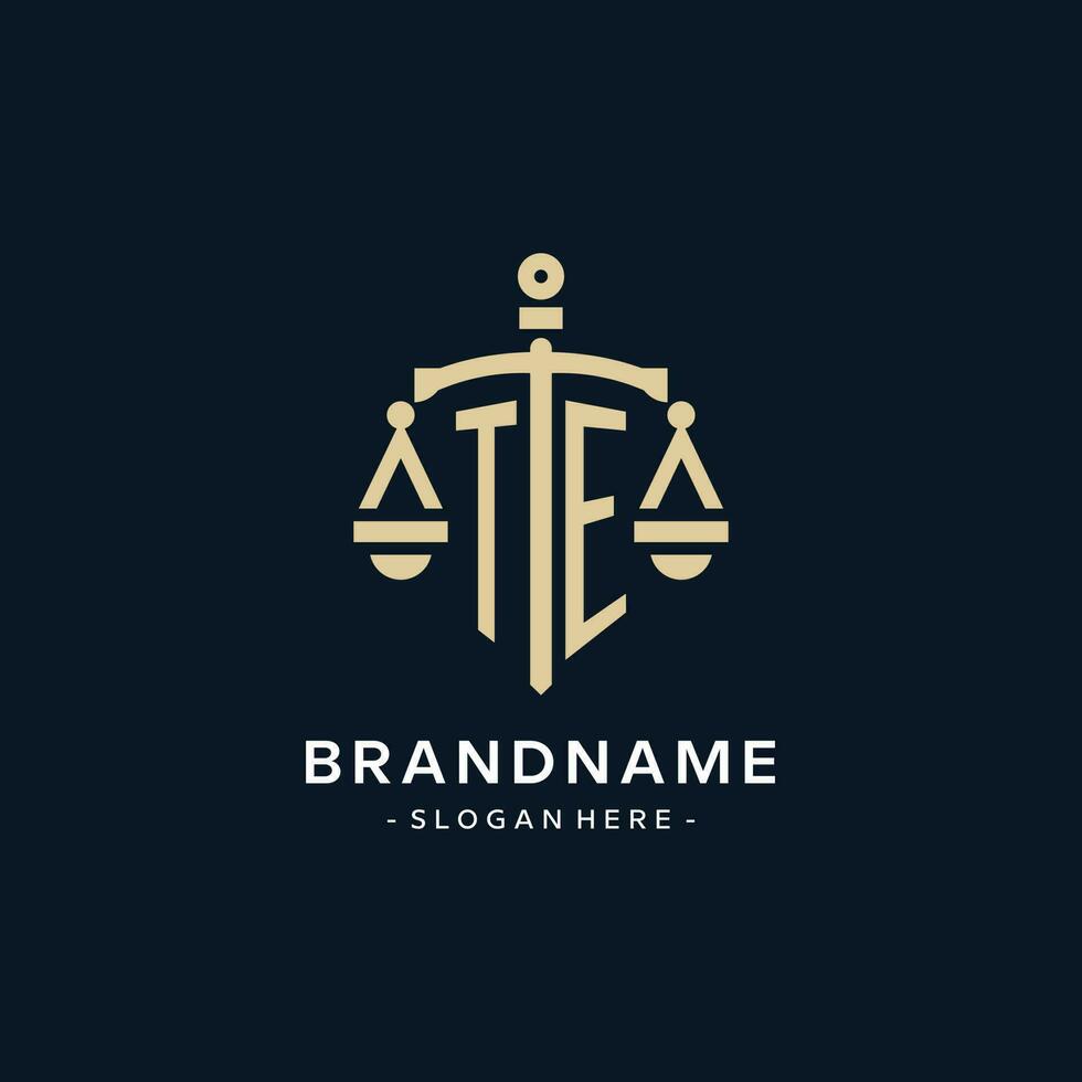 TE initial logo with scale of justice and shield icon vector